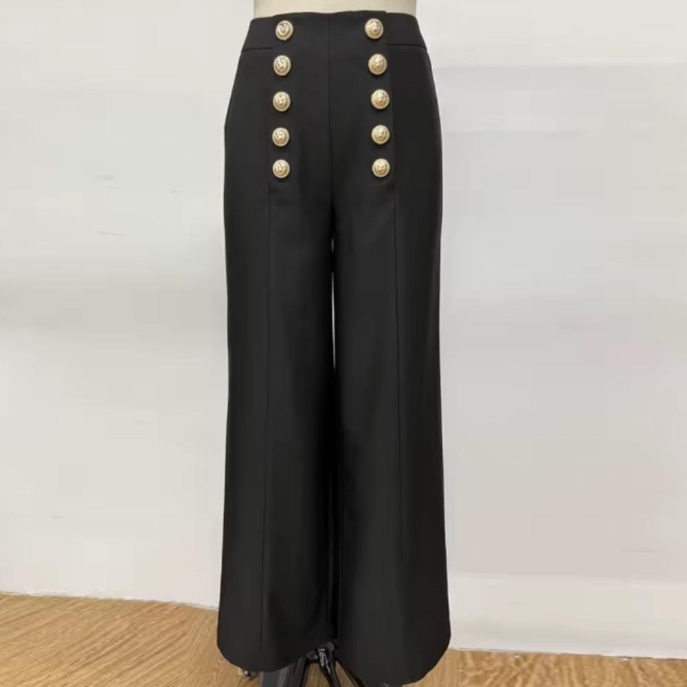 High-Waisted Gold Button Wide-Leg Pants